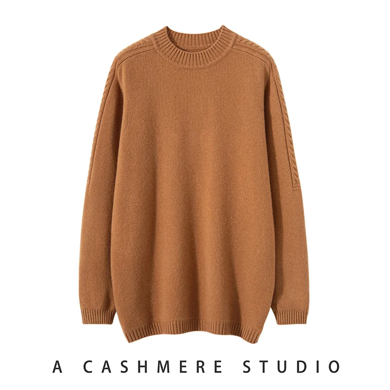 

2025 Men's Sweater Pullover Long Sleeved Autumn Winter 100% Pure Wool Loose Round Neck Solid Thickened Warm Simple Casual Tops