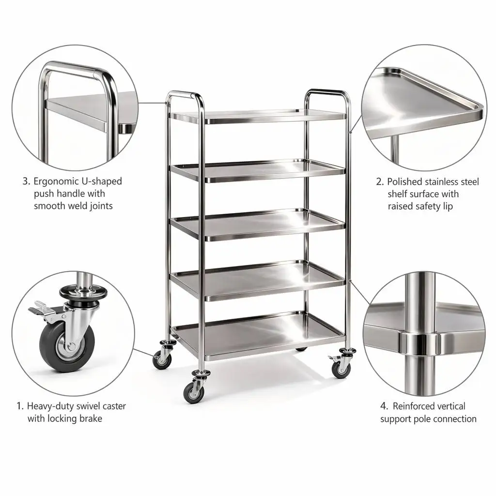 5 Layers Commercial Kitchen Serving Cart With 4 Swivel Wheels S304 For Hotel Buffet & Food Transport Steel Fabrication Cart