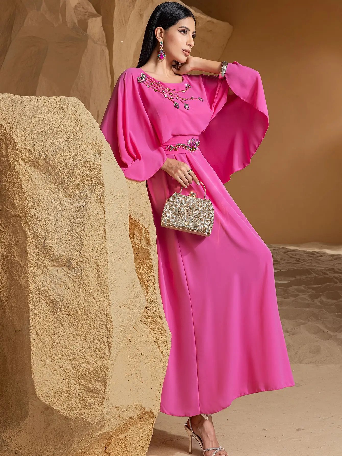 

Fashion Muslim Party Evening Dresses Women Diamonds Moroccan Kaftan Dubai Abaya Cloak Sleeve Jalabiya Eid Djellaba Ramadan Robe