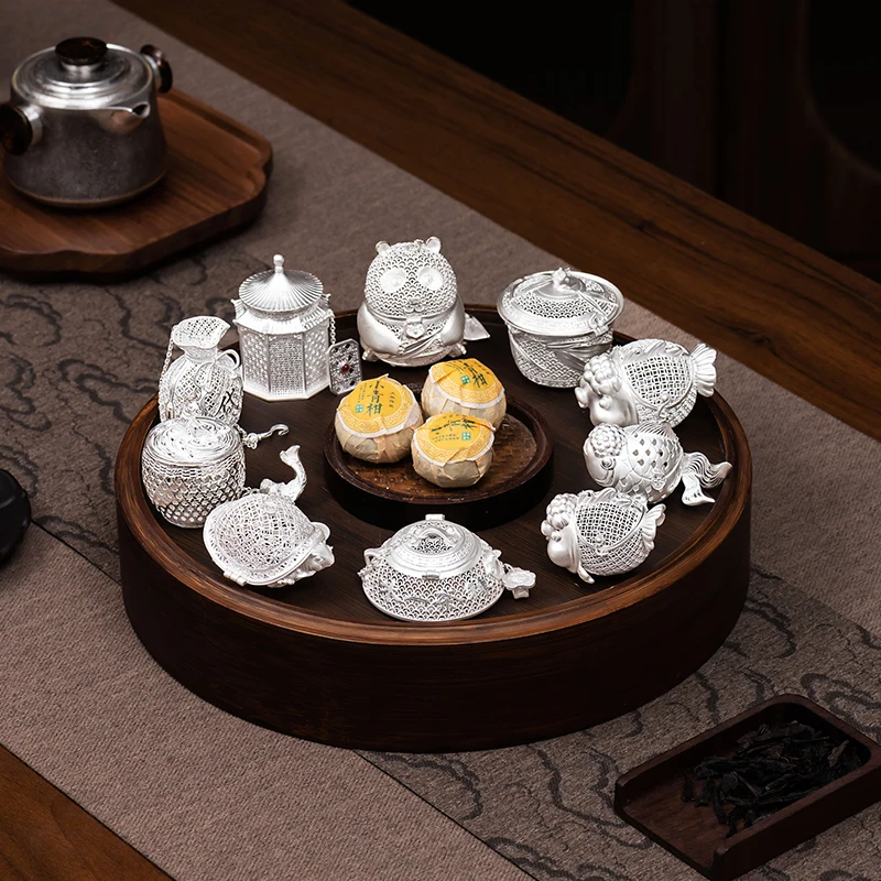 Handmade Sterling Silver 999 Tea Ball Filter with Good Fortune Design Goldfish Money Turtle Bubble Fish Maneki-Neko Tea Artifact