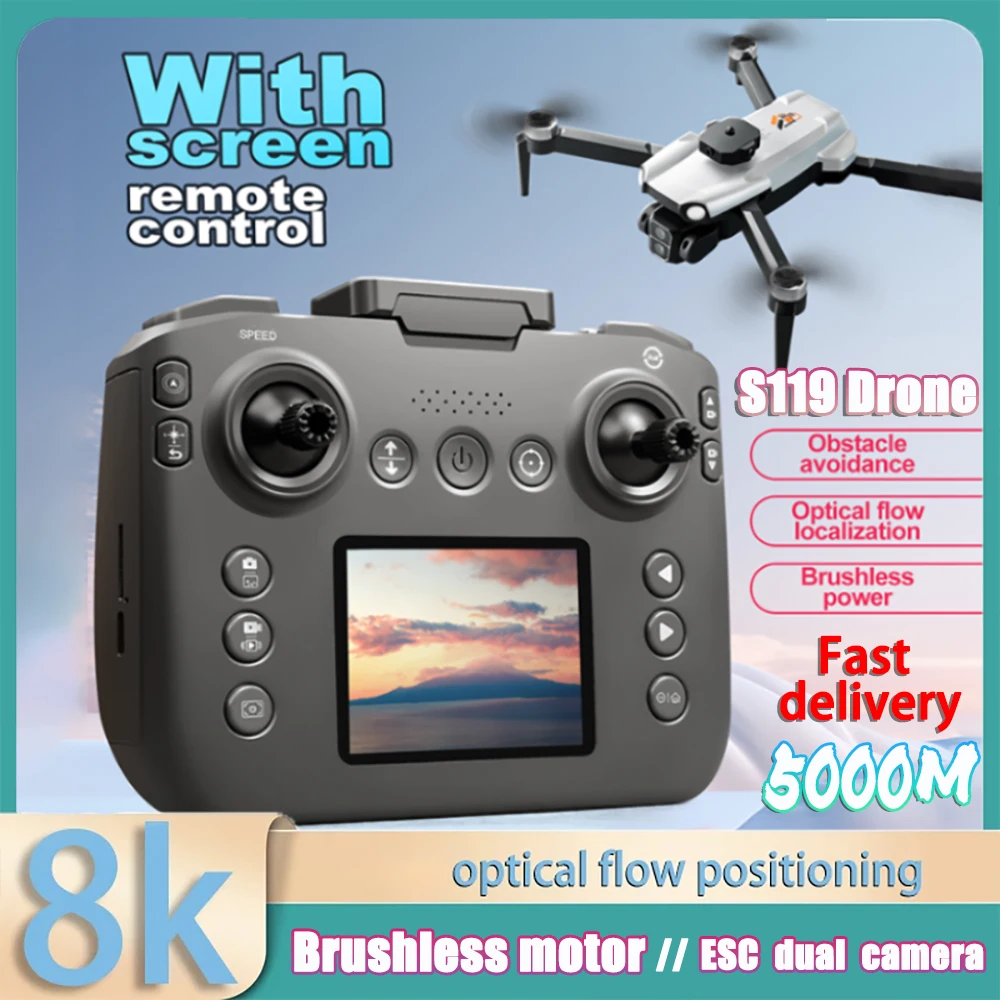 

Дрон S119 MAX 2025 года, профессиональная камера 8K с большим экраном, пульт дистанционного управления, антенна FPV, предотвращение препятствий, складной 5G RC Dron 5 км