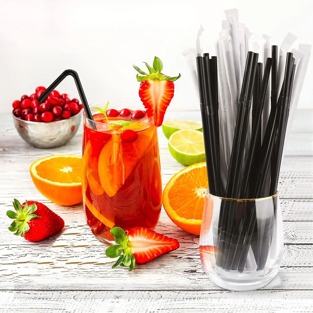 50-1500Pcs Drinking Straws Black Plastique Straws Individually Wrapped rietjes Flexible Bar Party Kitchen Accessories wholesale
