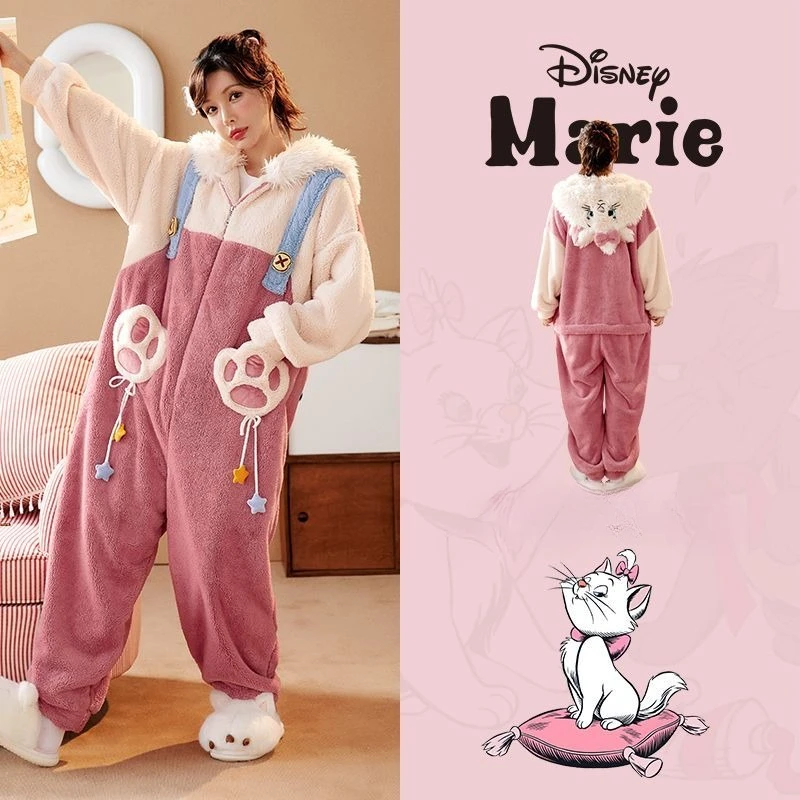 Disney Marie anime peripheral cartoon cute winter hooded one-piece zipper pajamas for couples thickened plush warm home clothes