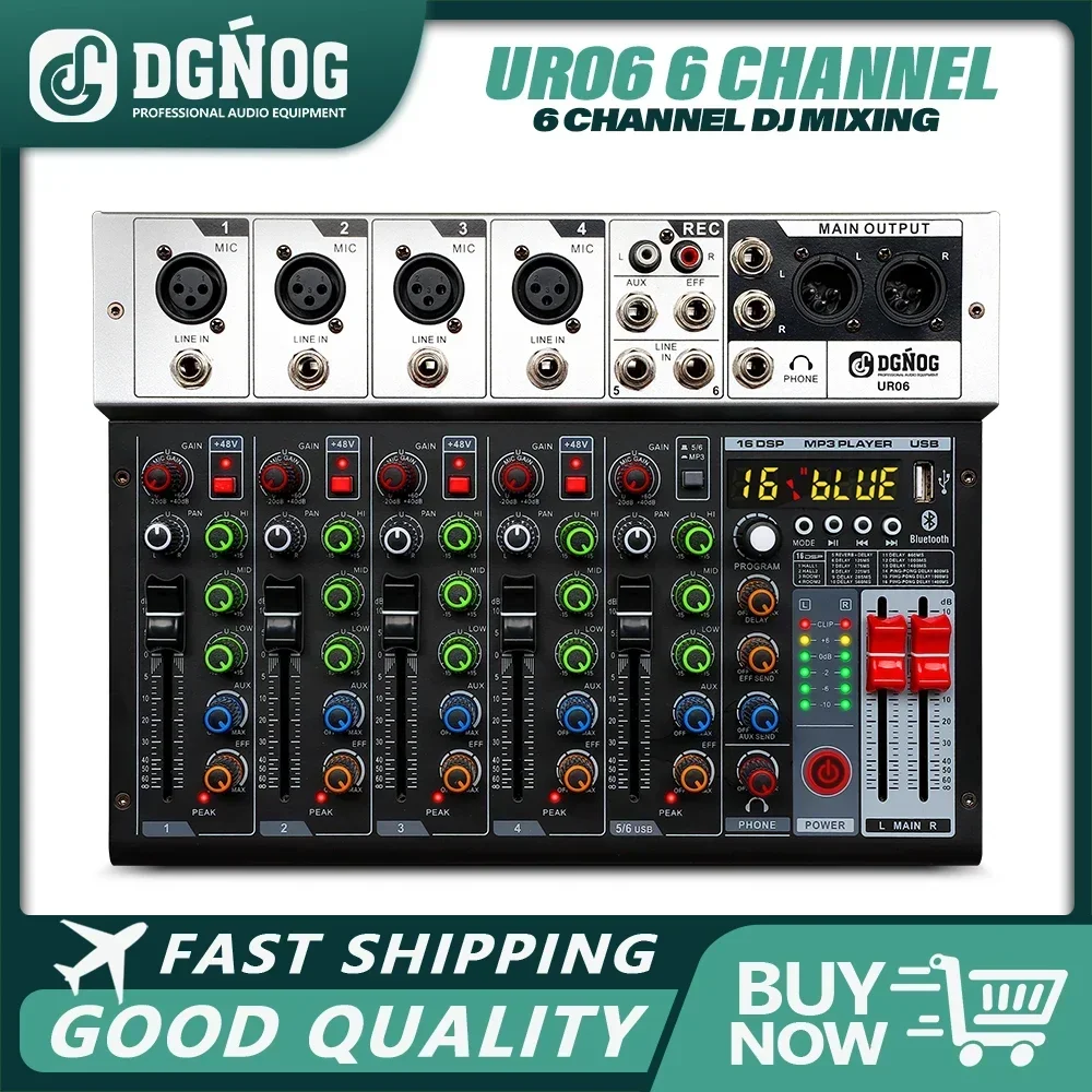 DGNOG 6 Channel Sound Mixer 16 DSP Professional Audio Mixing Console with USB Bluetooth for DJ Party Recording Sound Table UR06