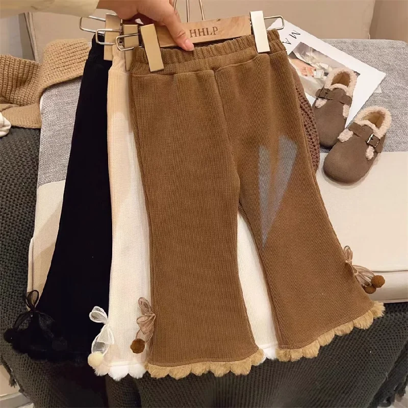 Girls Straight Leggings Pants With Bow Kids Plus Velvet Warm Trousers Autumn Winter Child Soft Padded Cotton Long Pants 2-8Y