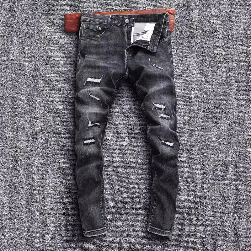 Jeans azul escuro vintage masculino, jeans rasgado com ajuste magro, calça lápis jeans remendada, novo designer de moda