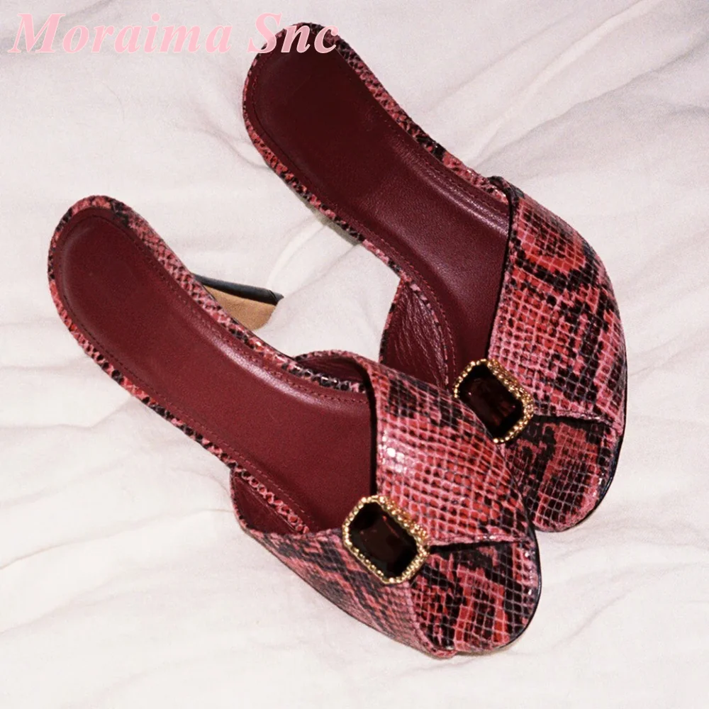 Ladies Burgundy Snake Print Open Toe Mule Heel Slippers Dark Gemstone Decor Slip‑on Slide Stiletto Heels Night Club Evening 2026