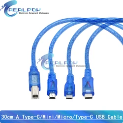 아두이노용 USB 케이블, Uno R3 나노 메가 2560 레오나르도 프로 마이크로 DUE 블루 하이 퀄리티 A 타입 USB 미니 USB 마이크로 USB 0.3m, 30cm