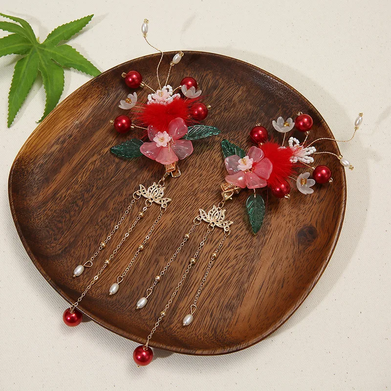 Tassel Hair Clip 2PCS Chinese Style Hairpin For Girl Hanfu Decor Pearl Fringe Tiaras Fairy Flower Barrettes Vintage Hair Jewelry