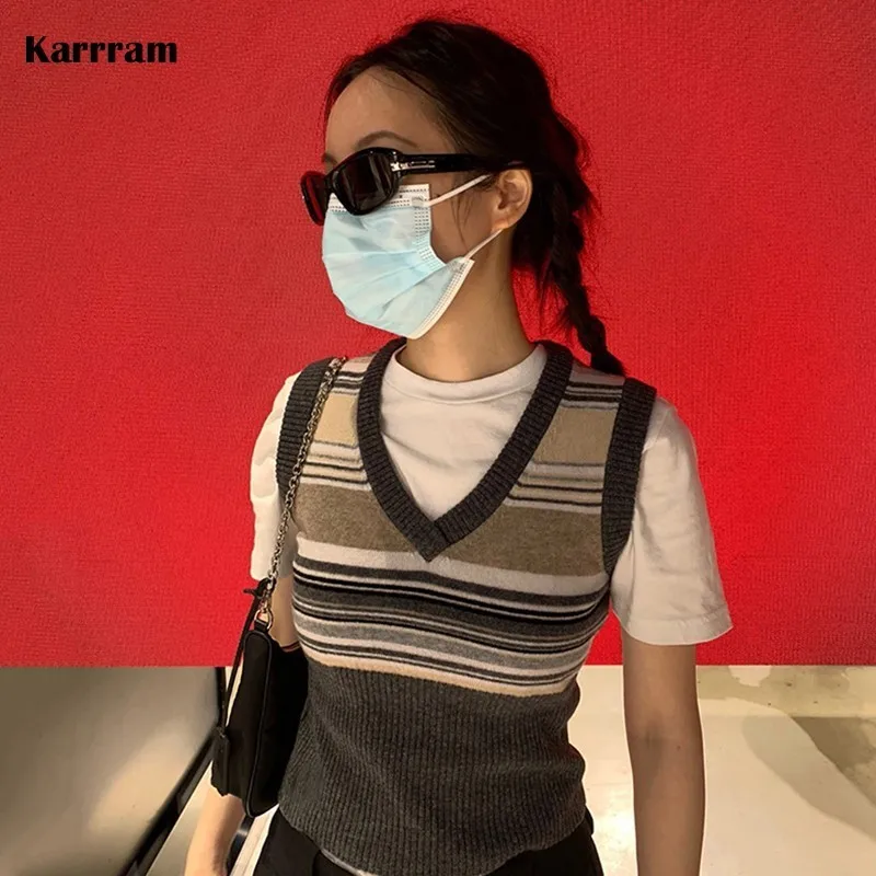 Karrram Korean Fashion V-neck Vest Pretty Style Knitted Tank Top Grunge Patchwork Embroidery Sweater Vest Vinatge Chic Crop Top