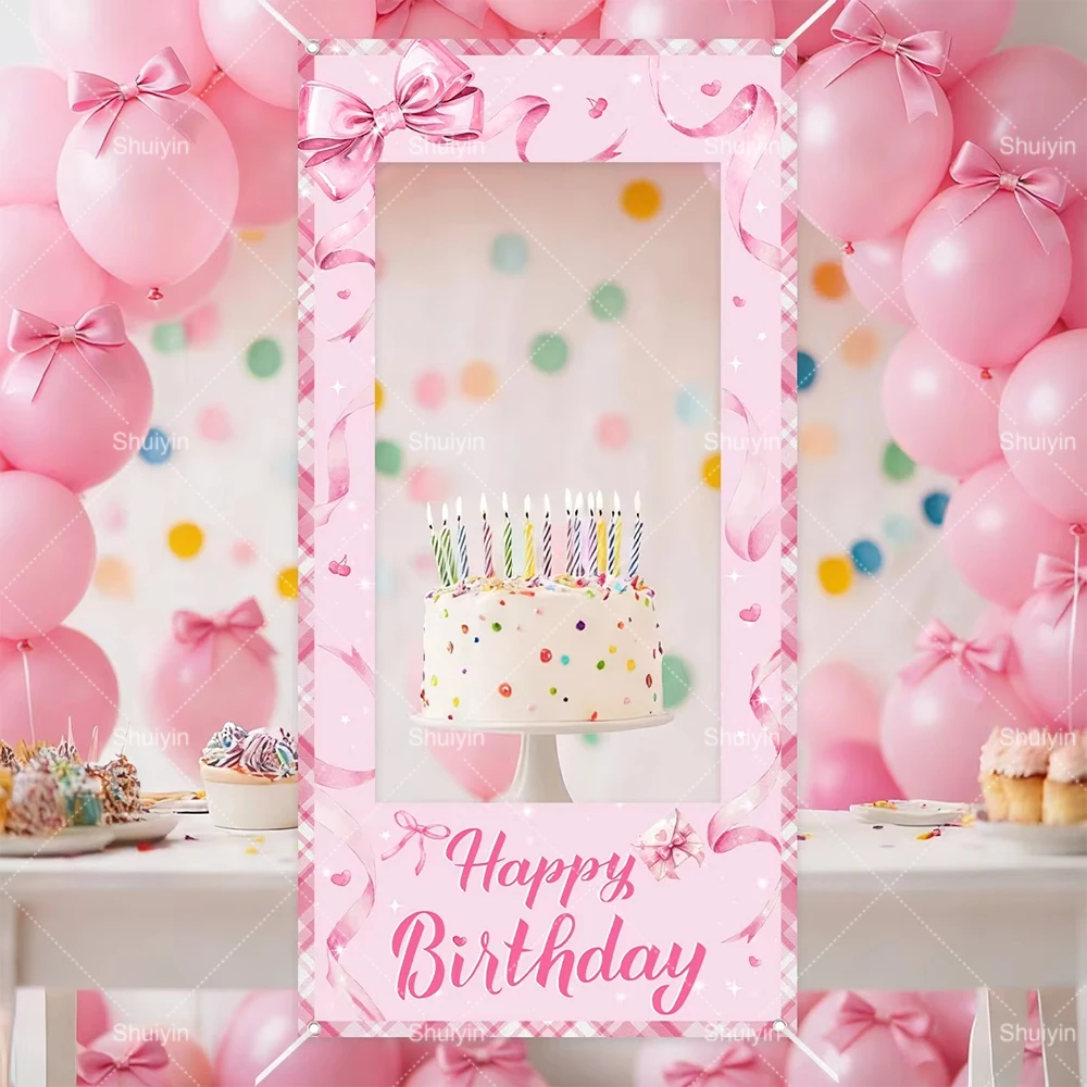 Cadre photo rose avec nœud Joyeux Anniversaire, accessoires de photomaton, décorations d'anniversaire pour filles, fournitures de fête, décor de baby shower, cadeaux de toile de fond