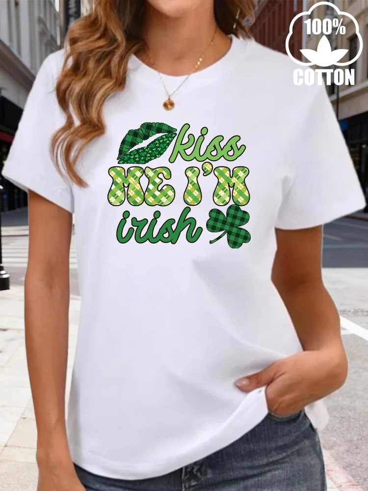 Kiss Me I'M Irish Dames Grafisch T-shirt 180g Katoen Ronde hals Korte mouw T-shirt Casual Zomer Dagelijks gebruik