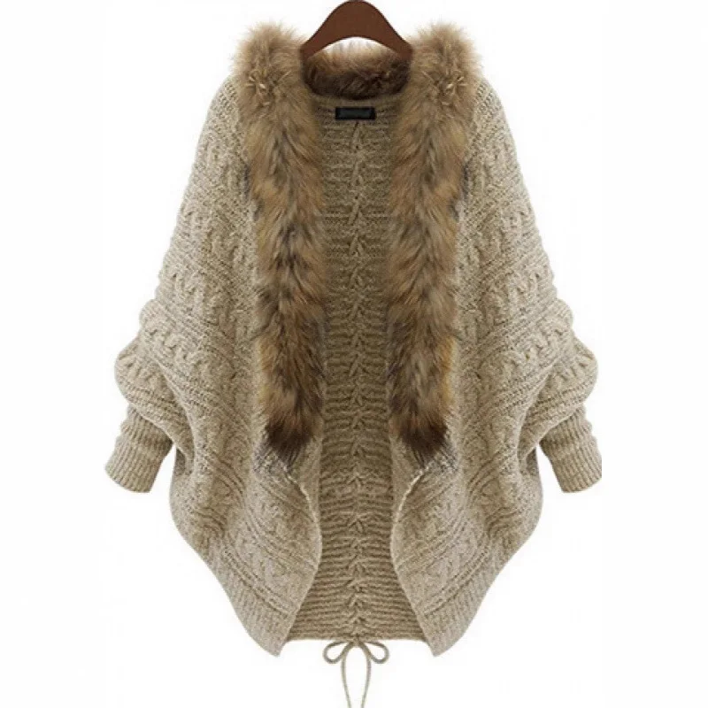 

2025 New Fall and Winter Women's Loose Fur Collar Sweater Bat Knit Cardigan Jacket