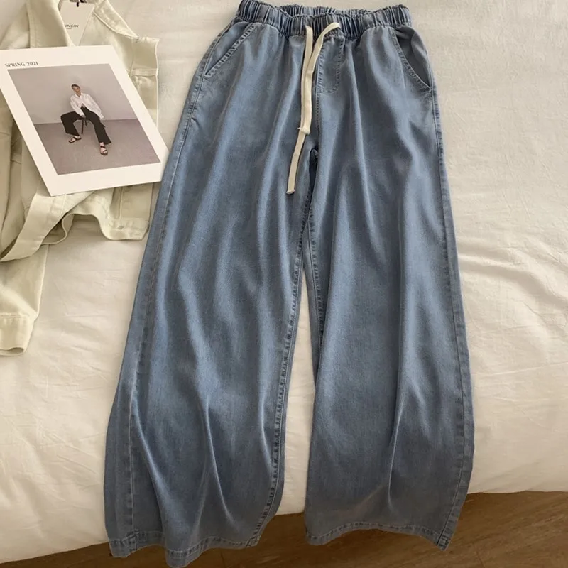 بنطال ذو قصة أرجل واسعة أزرق رسمي للنساء صيفي من الساتان بفتحة خفيفة الوزن وأربطة شبكية قابلة للتعديل للشباب كاواي قابلة للتنفس وبسيطة