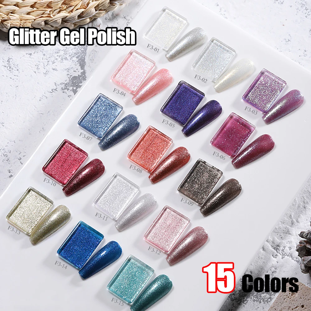 

Vendeeni Glitter Gel Nail Polish 15 Color/Set Sparkling Shiny Gel Varnish Polish Semi Permanent UV LED Soak Off Gel Lacquer 15ml