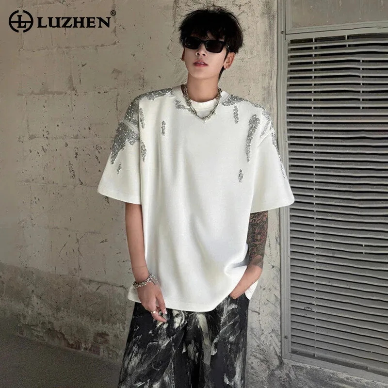 

LUZHEN футболки с вышивкой в стиле пэчворк и блестками, мужские футболки с подплечниками, лето 2021, уличная одежда, модная одежда с короткими рукавами JY2392
