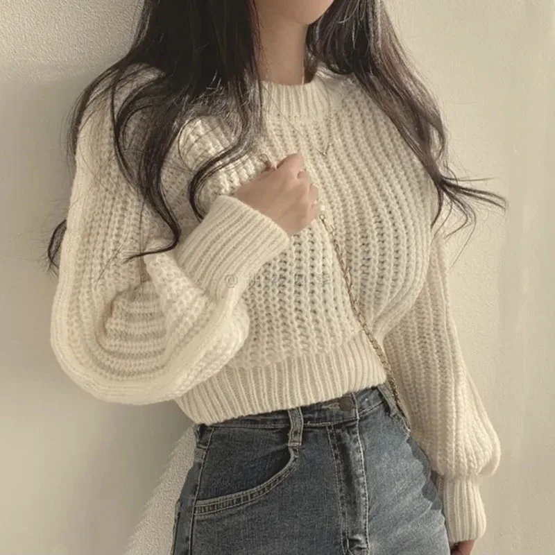 

Knitted Sweater Women Korean White Short Casual Preppy Style Loose Long Sleeve O Neck Pullover Lady Fall Winter New Jumpers Top