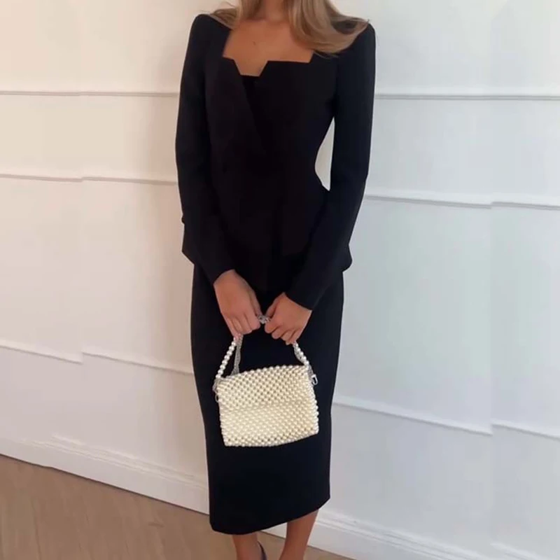 New Women Square Neck Long Sleeved Top + Wrap Hip Skirt Sets Elegant Temperament Slim Party Suit Simple Solid Commuting Outfit