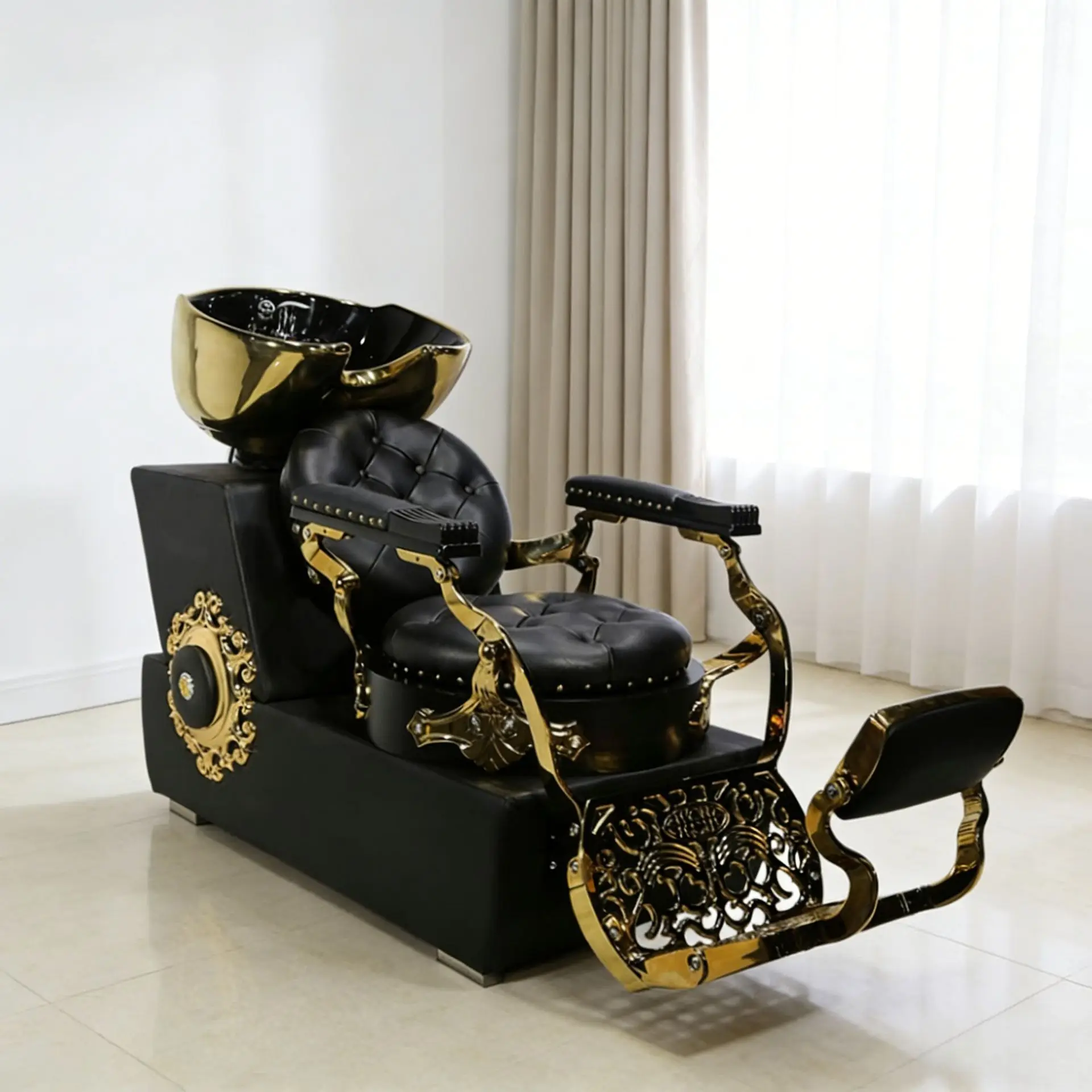 &c Antique Style Barber Shop Black Gold Wash Chair Reclining Leather Metal Salon Beauty Retro Shampoo Chair