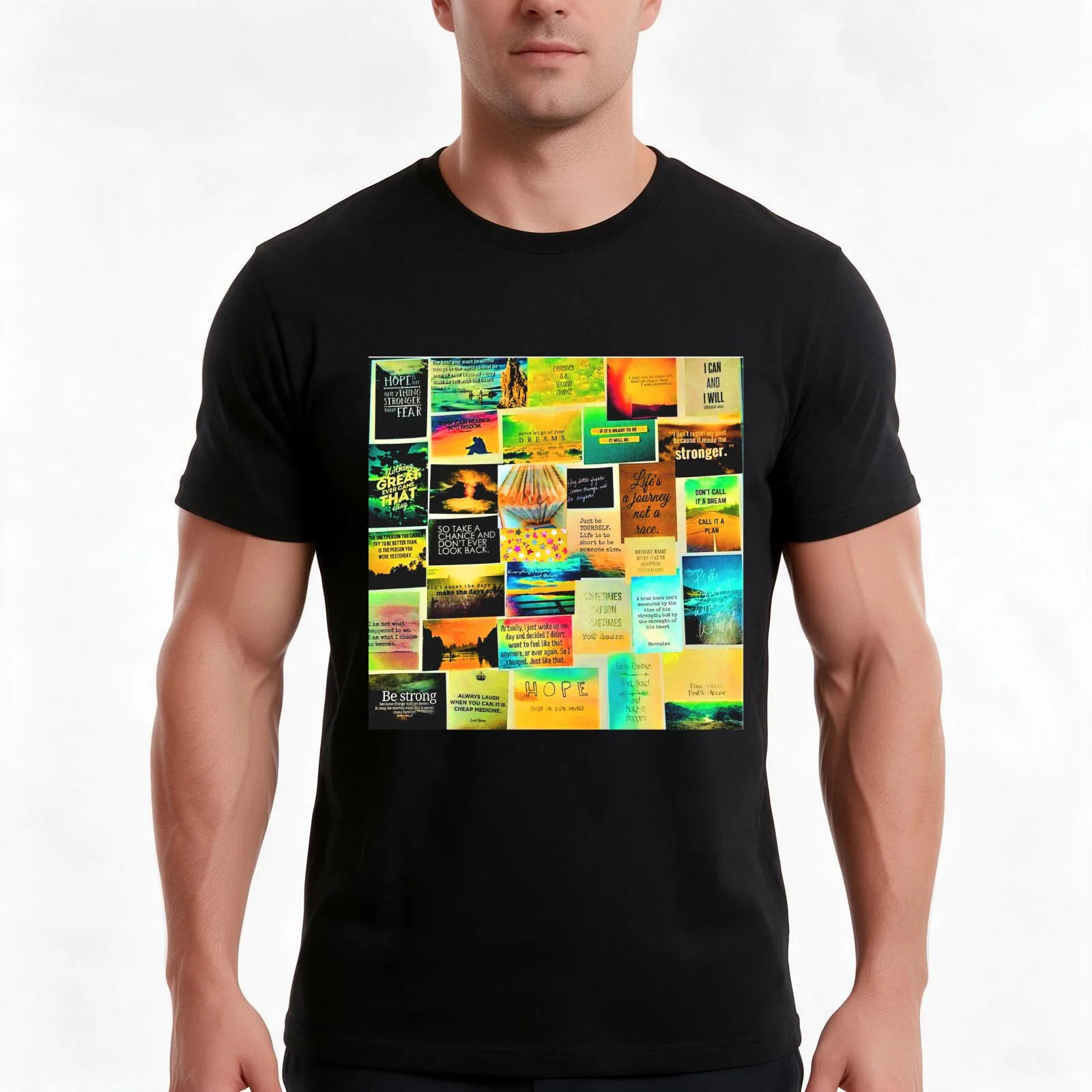 Inspiration Collage T-Shirt, Summer Casual Cotton Tee, Oversized Streetwear Tops, Vintage Graphic Print, Loose Fit Short Sleeve