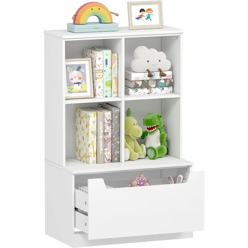 

Kids Bookshelf and Toy Storage Organizer, Toddlers Bookcase with Cubbies, Adjustable Wood Shelf with Drawer for Bedroom