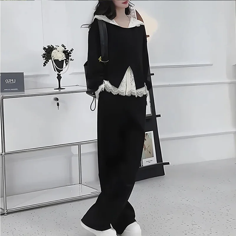 Lace Splicing Thin Sweatshirt Wide Leg Pants Three Piece Set Women's Anti Aging Autumn Fashion Casual Sportswear Ensemble