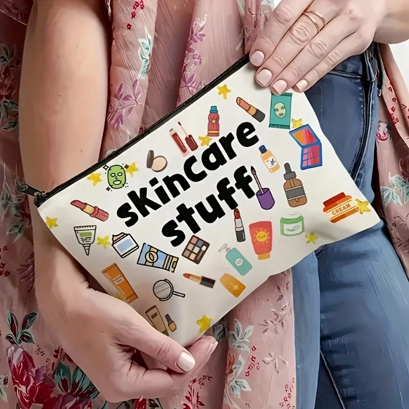 

Легкая складная косметичка — стильный прочный органайзер для макияжа на молнии с забавными иллюстрациями «Skincare»