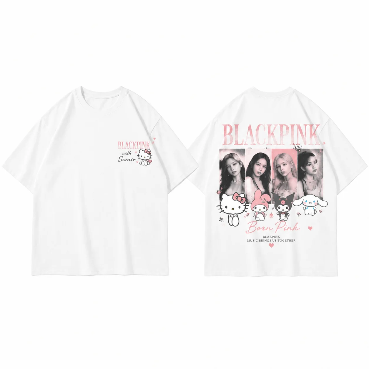White Tee Men's Women's Sanrio Hello Kitty BLACKPINK Korea Parent Child Cool Art Print Oversized Short Sleeve Streetwear Top