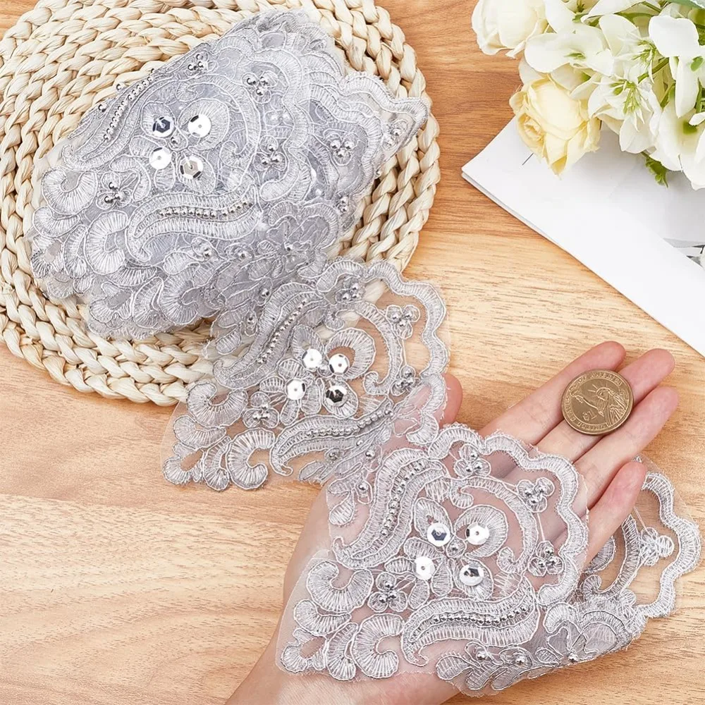 3 Yards 5 Inch Silver Venice Lace Trim Embroidered Scalloped Sewing Trims Decorative Flower Beaded Edge Ribbon making kit