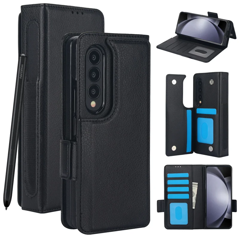 

For Samsung Galaxy Z Fold 7 6 Leather Foldable Card Insert Pen Slot Phone Case For Z Fold5 Z Fold 3 4 Flip MultiFunctional Stand