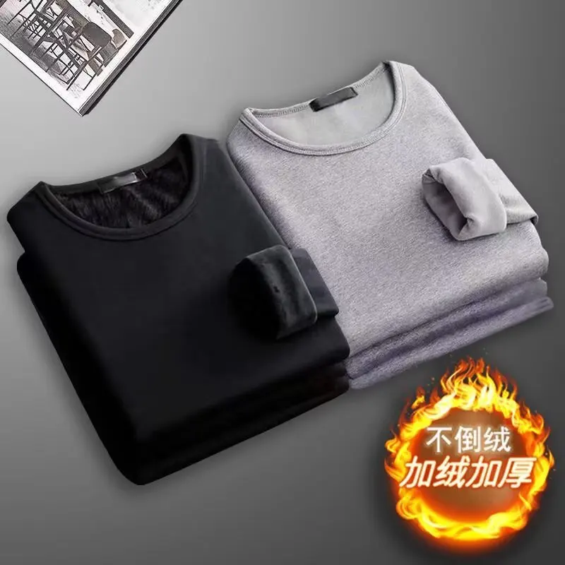 Men's Long Sleeve Thermal Underwear Round Neck Fleece Lined Slim Fit Base Shirt Pure Color Inner Wear Top Autumn Clothes