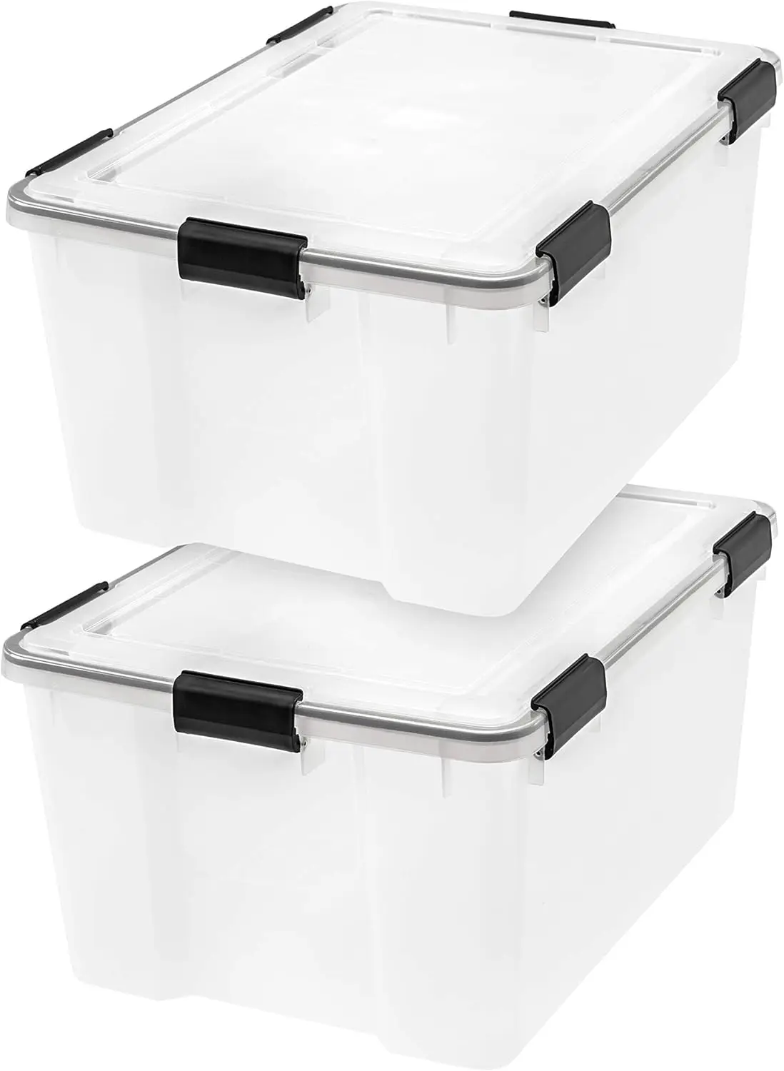 

63 Qt Clear/Black Stackable Storage Bins with Lids, 2 Pack, BPA-Free and Weatherproof Seal for Secure Organization