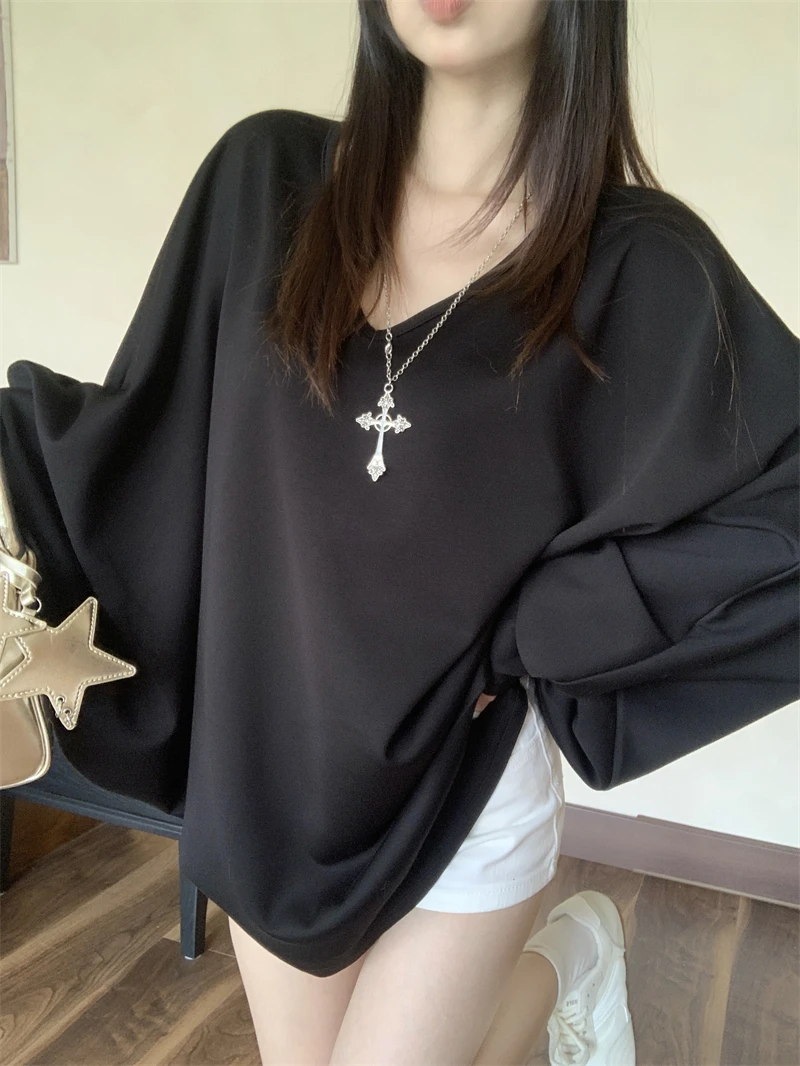 한국 스타일 가을 배트윙 슬리브 스웨트셔츠 레이지 스타일 하이 에너지 루즈 캐주얼 스웨트셔츠 편안한 루즈핏 스트리트웨어