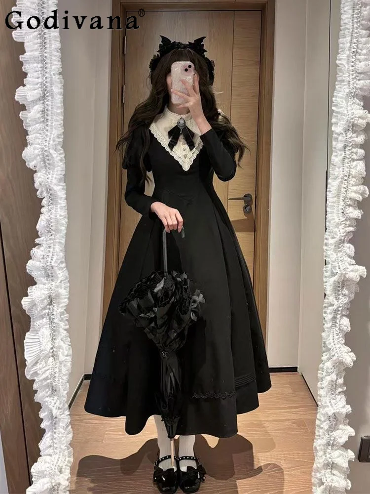 

Dark Lolita Nun Slim Retro Detachable Long Sleeve Long Mid-calf Dress Individuality Girls Crew Neck A-line Puff Sleeve Dresses