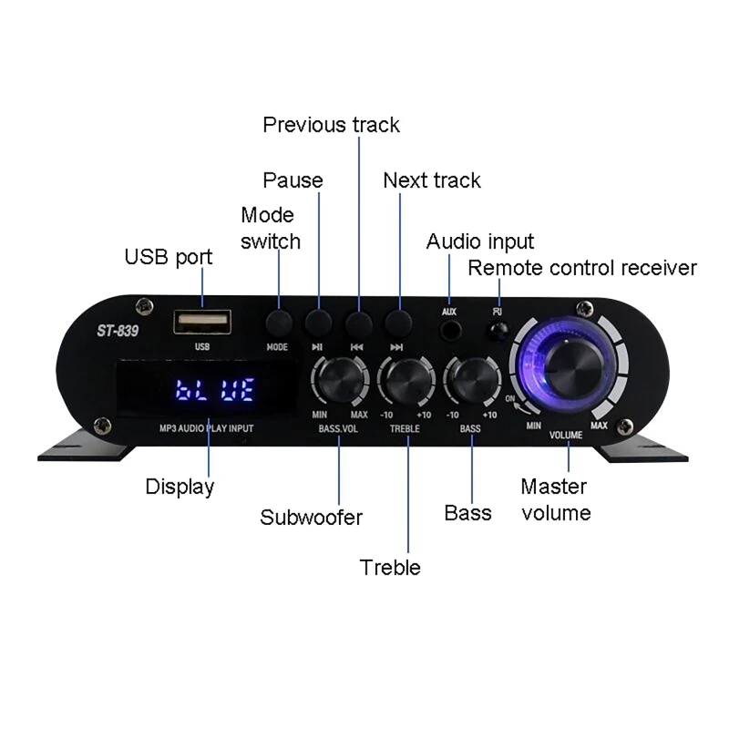 ST-839 HiFi 2.1 Channel Power Amplifier 25W*2+40W Subwoofer Amplifier Sound Amp Bass and Treble Adjustmen Household AMP