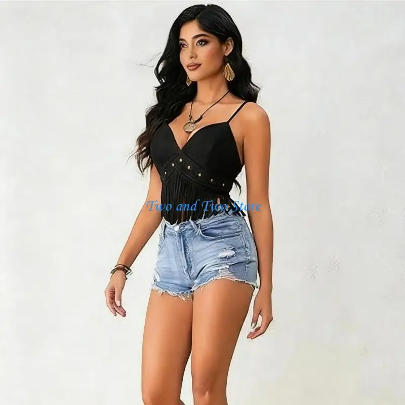 HX6F V Neck Fringe Tassels Sleeveless Vest Retro Faux Suedes Fabric Camisole Hippie Crop Top for Women