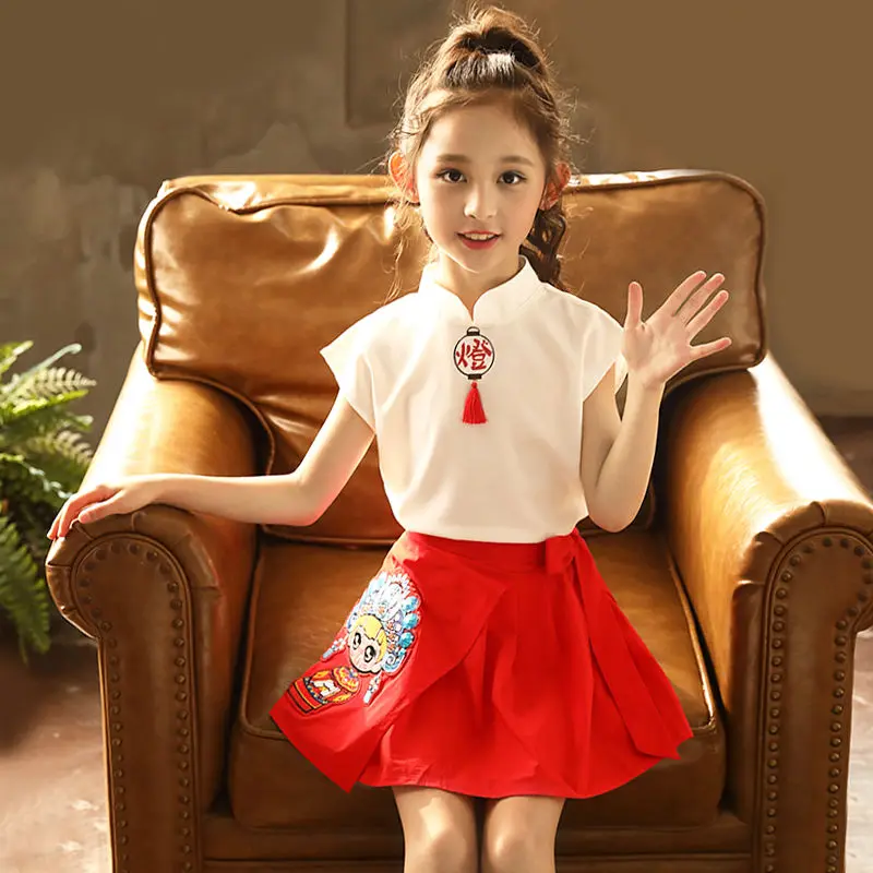 Girls Summer Sets Dress Skirt Pants Top T-shirt + Short-sleeved Shorts Suit Children Two-piece Clothes Embroidery Pattern Dress