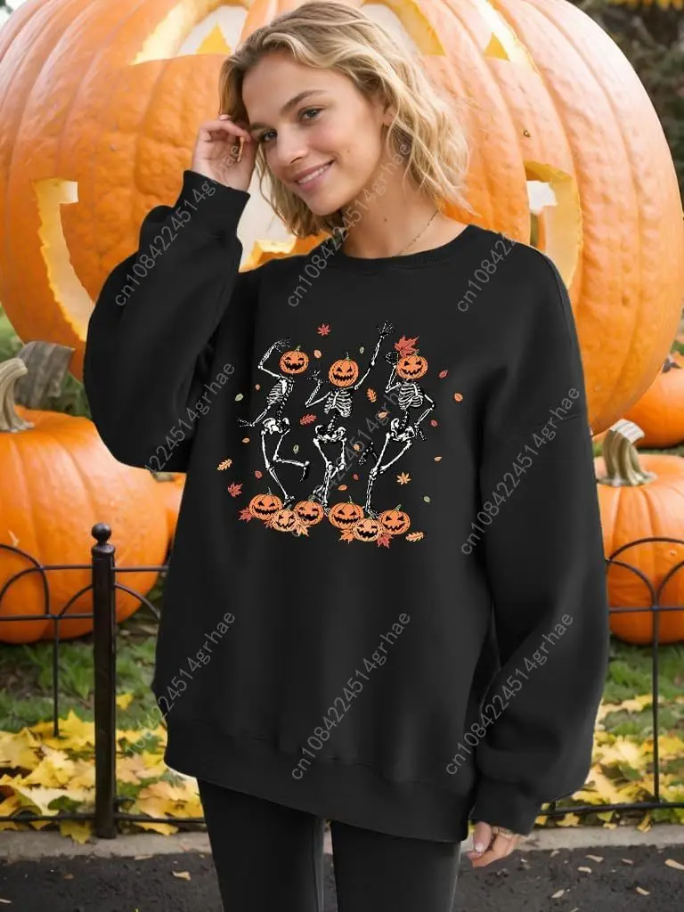 سويت شيرت الهالوين للنساء، قميص هيكل عظمي للرقص كبير الحجم، بلوفر برسومات جمجمة مخيفة، هدية على شكل يقطين #3