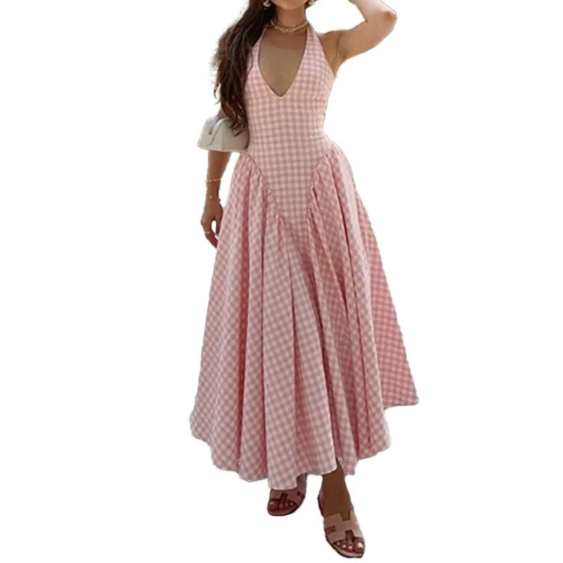 2025 Spring Summer Women Plaid Long Dress Sexy Off Shoulder V-Neck Hanging Dress Waist-Cinching Pleated Casual Bodycon Dress