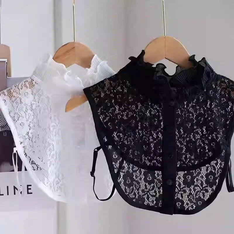 Picture 3: Women Pleated Ruffle Stand Collar Detachable Floral Lace High Neck False Collar Sweater Half Shirt Decorative Collar Accessories