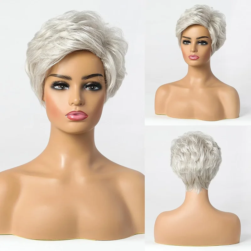 

Women's Wig Short Wavy Curly Wig Ladies Hair Fluffy Wig Grey White Wig+Wig Cap