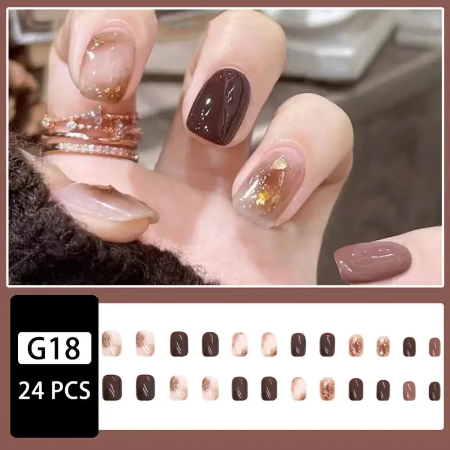 Autumn Brown Cute Glossy Acrylic Fake Press On Nails for Women Girls, Short Square False Nails with Design, Full Cover Stick On 