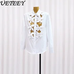 Handmade 3D Flowers Stitching Design Single-Breasted Blouse Women Sexy Hollow Out Long Sleeve Stand Collar White Shirt Blusas