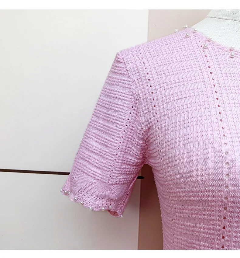 Spliced Hollow Out Knitting Sweet Dress for Women O-Neck Short Sleeve Slim Waist Beading Embroideery Pleated Dresses Female