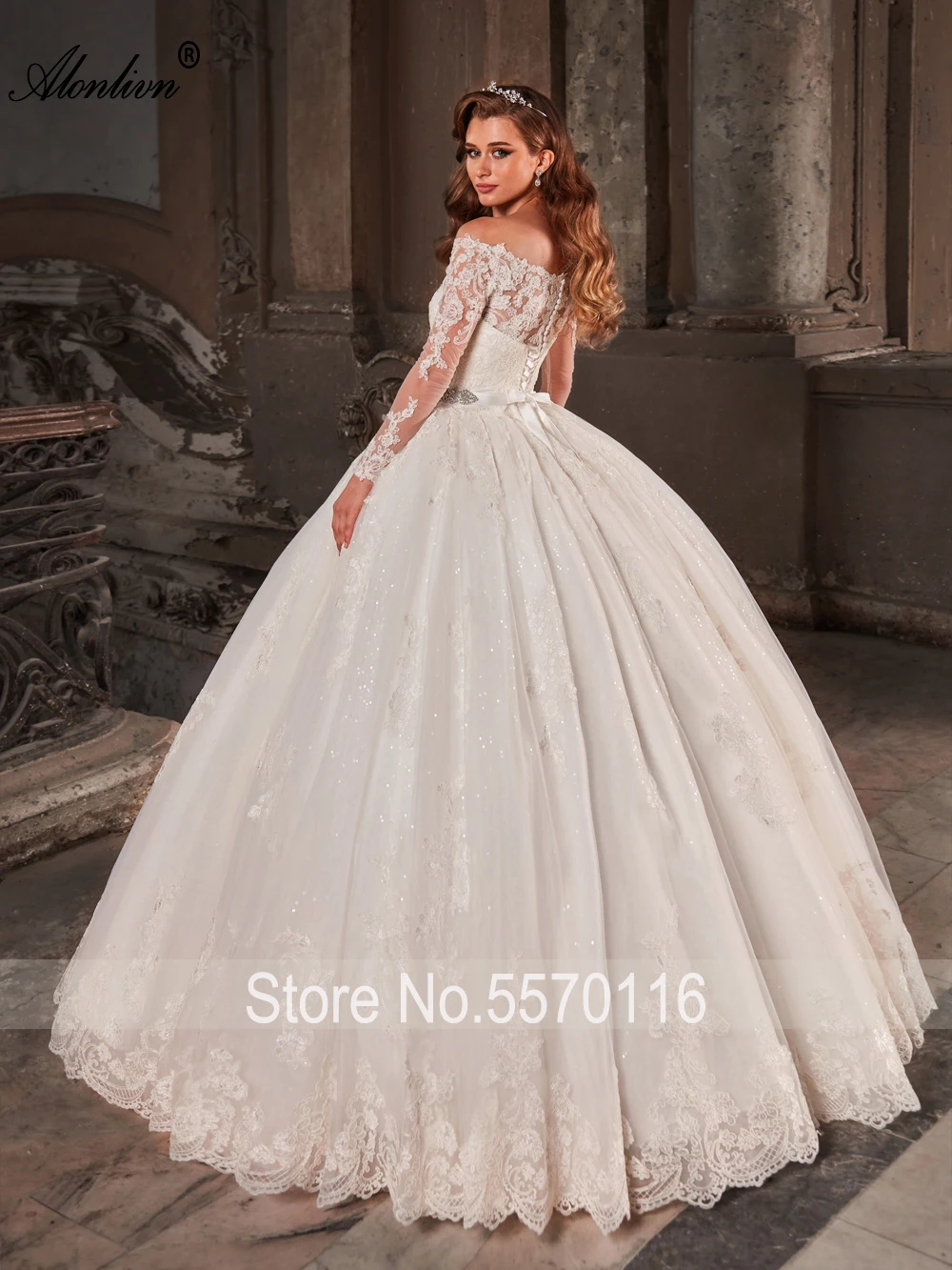 Alonlivn Elegance Boat Neck Ball Gown Wedding Dresses Beading Pearls Sash Appliques Lace Off Shoulder Sleeves Bridal Gowns