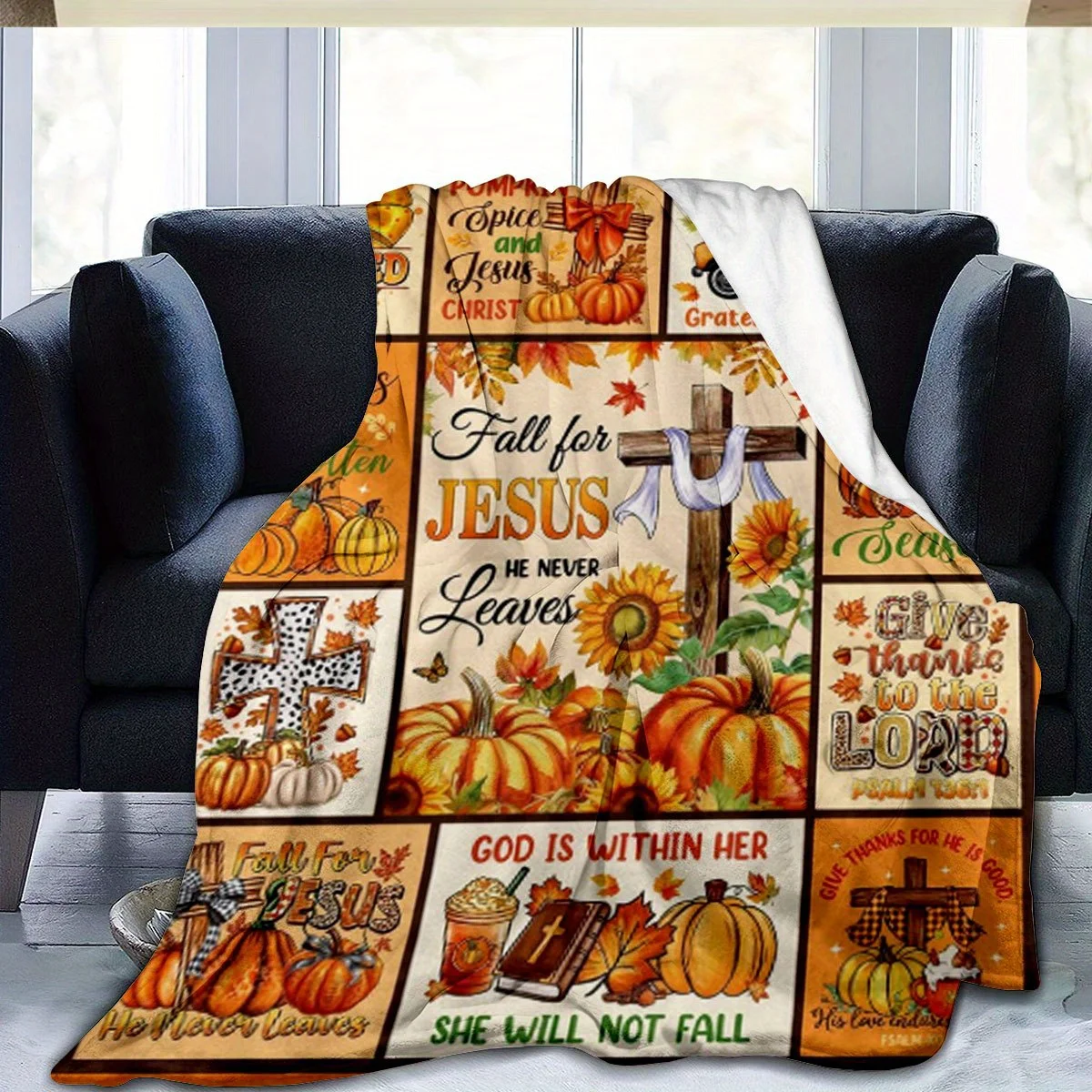 Fall for Jesus Flannel Blanket Pumpkin Sunflower Cross Harvest Bible Quote Autumn Throw Blanket for Sofa Bed Couch Bedroom Living Room Thanksgiving Home Decor Christian Gift Cozy Nap Blanket Office Travel Faith Bedding Harvest Season Room Accent