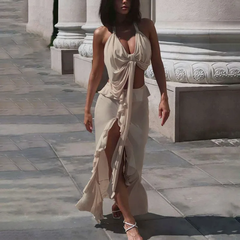 

Tuularose Vacation Long Dress Sets Summer Sexy Hanging Neck Bandage Vest Slit Ruffle Skirt Set Fashion New Women Long Dress Sets