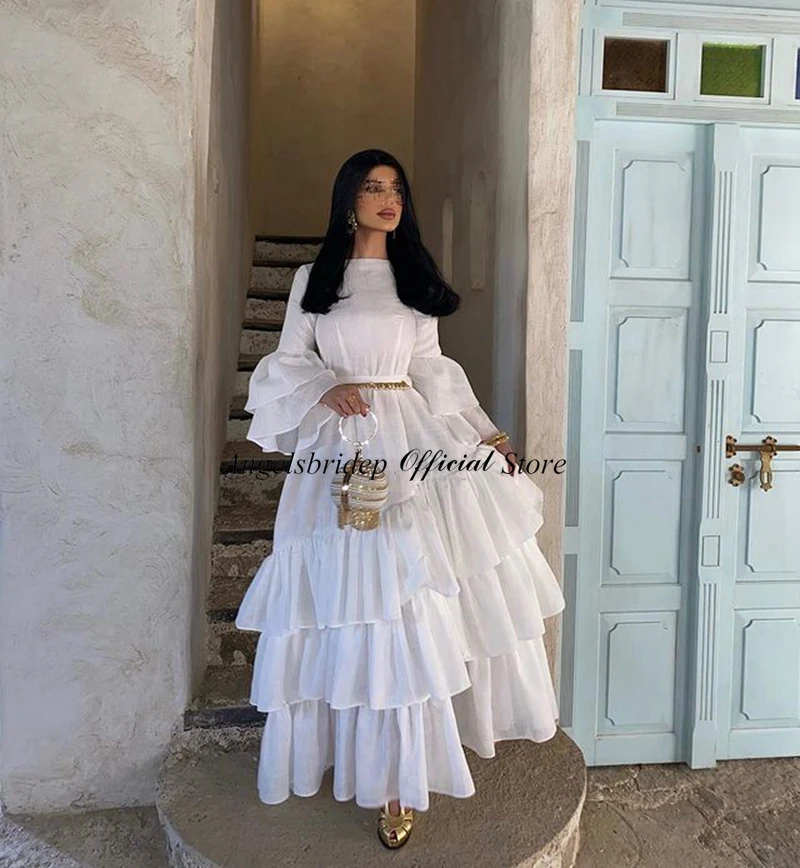 Angelsbridep White Saudi Arabia Prom Dress High Neck A-Line Tiered Prom Gowns Puff Sleeves Floor Length Dubai Formal Party Gowns