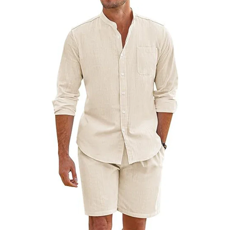 Daily Casual Breathable Cotton Linen Outfits Mens Vintage Stand Collar Button-up Shirts And Shorts Sets For Men Clothing Summer