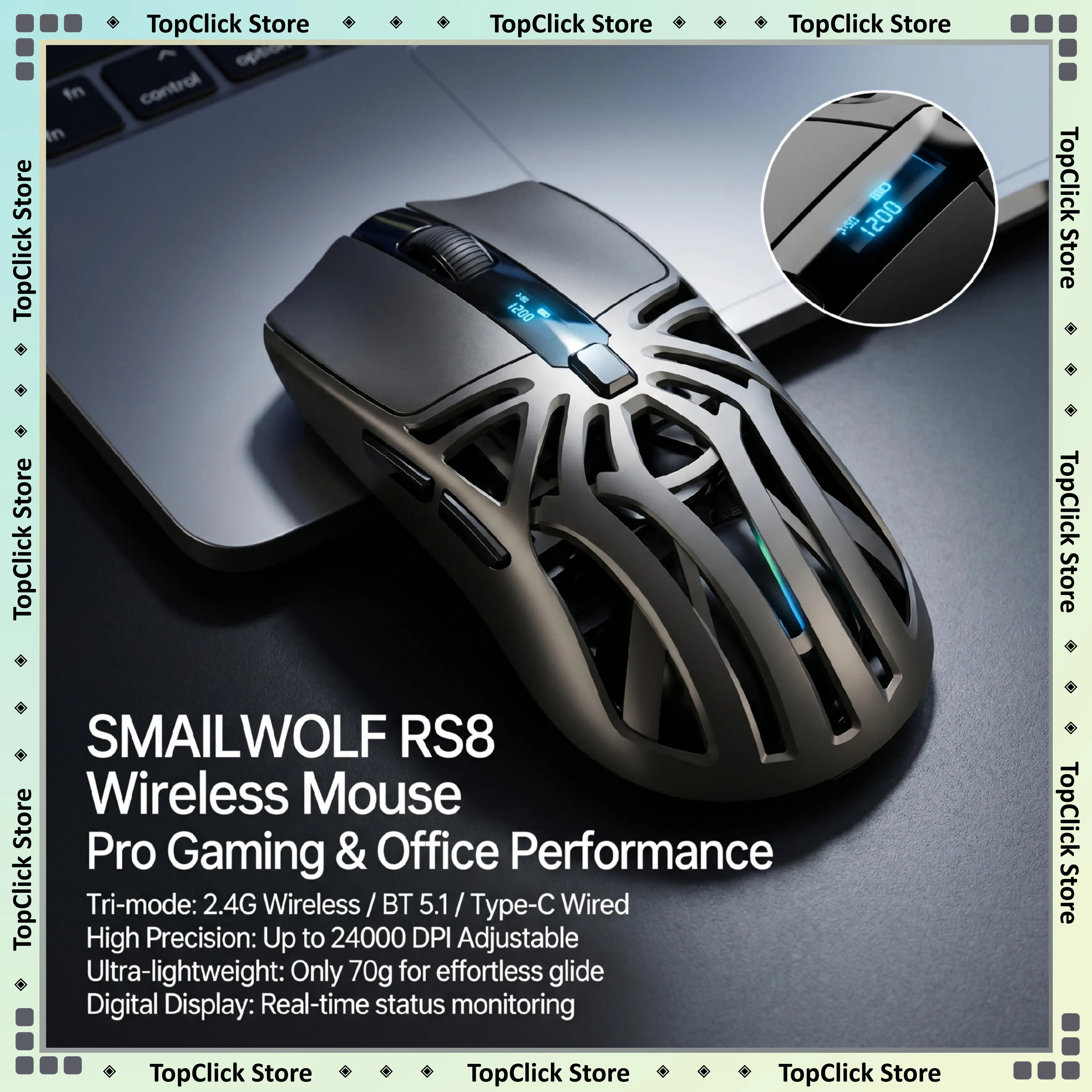 Ratón Inalámbrico para Juegos SMAILWOLF RS8, 3 Modos, BT5.1, 2.4G, Cableado, 24000 DPI, 6 Teclas, 70g, 1000Hz, RGB, para PC Gamer
